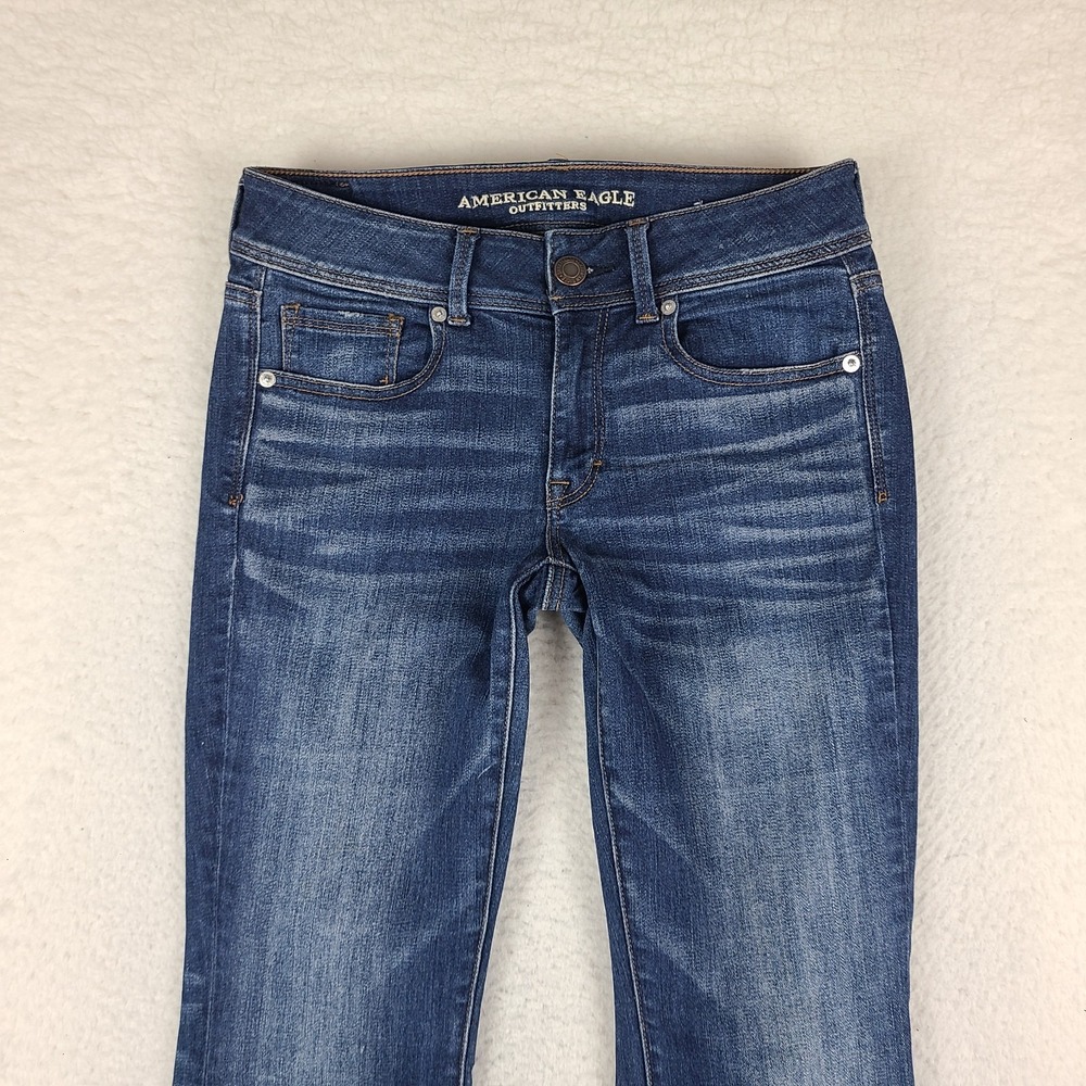 American Eagle Jeans Womens 6 Short Blue Super Stretch Kick Boot Dark Wash Denim - Picture 2 of 13